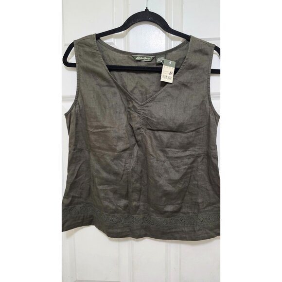 NWT Eddie Bauer Women Olive Green Sleeveless Linen Blend Top With Eyelet Hem Det - Picture 1 of 8